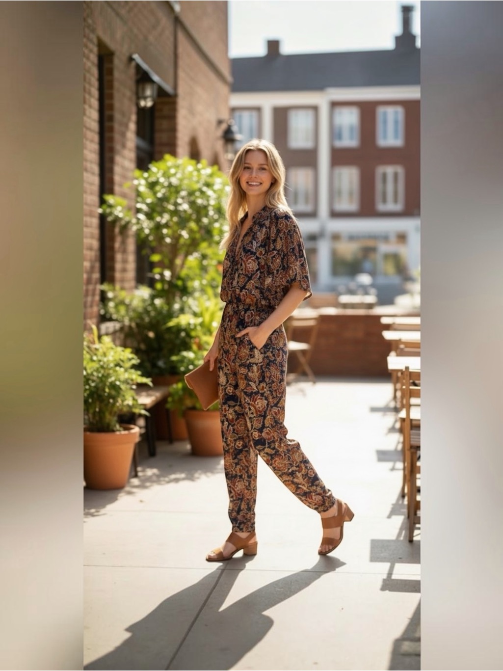 Woven Floral Print Jumpsuit In Navy And Brown 3/4 Sleeves Lightweight